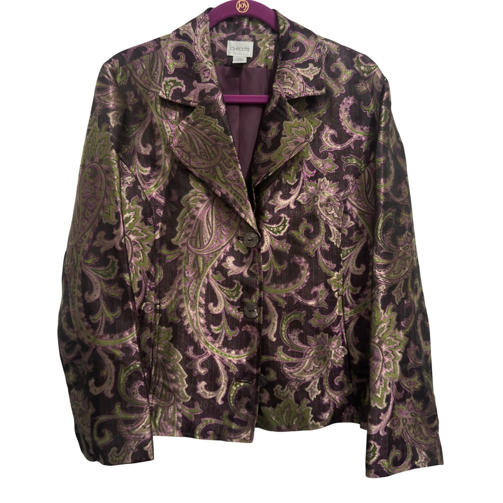 Chico's Blazer Jacket Purple Green Paisley Silk Rayon‎ Metallic Brocade Size 2